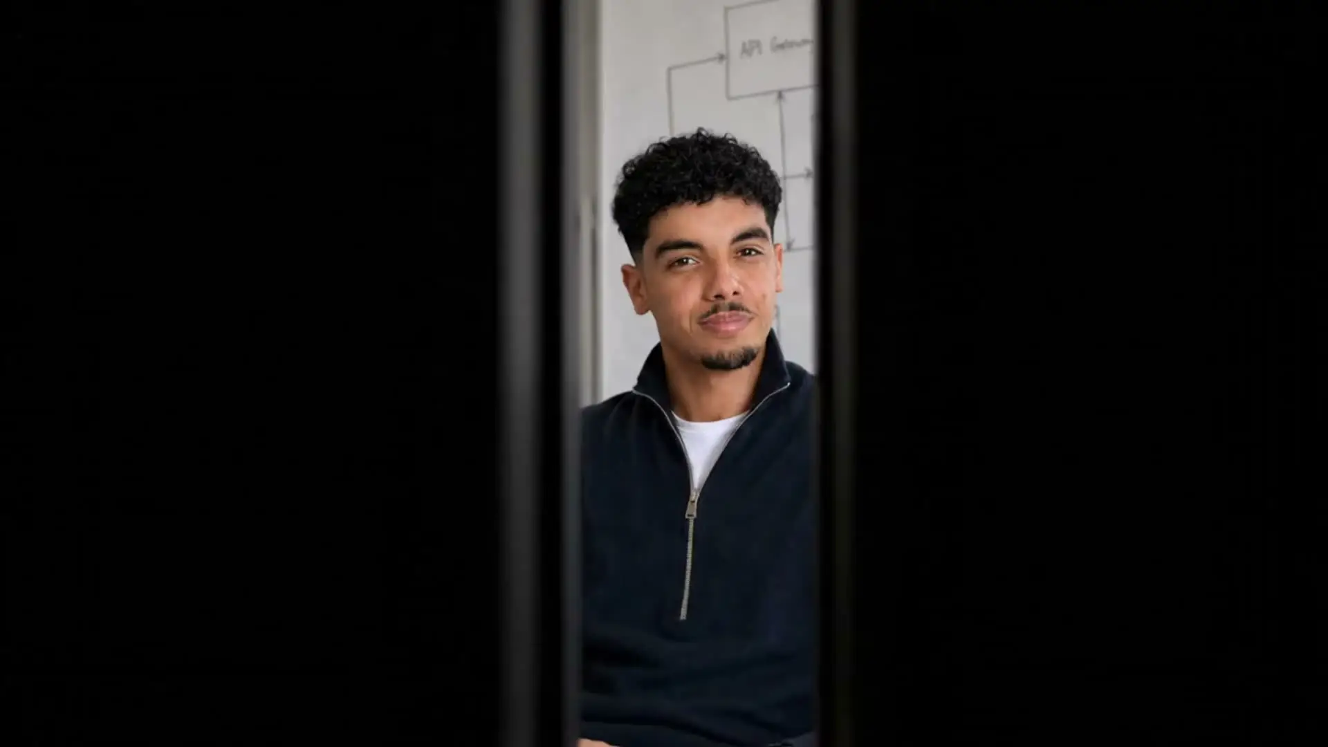 Product engineer in a studio surrounded by code and system diagrams